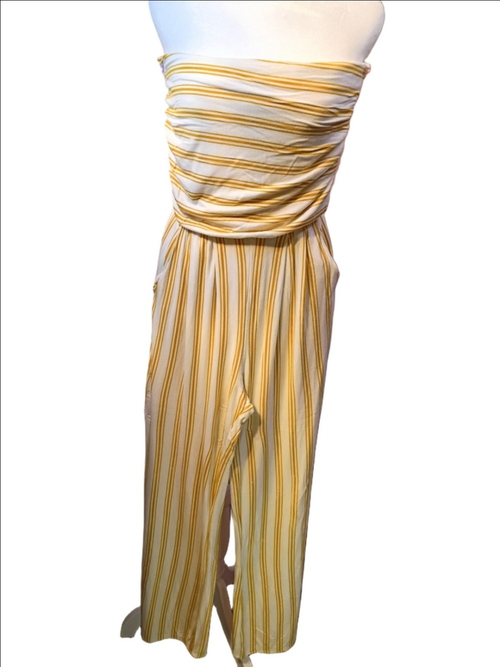 Heart & Hips Yellow White Striped Strapless Wide-Leg Dressy Jumpsuit Size Large